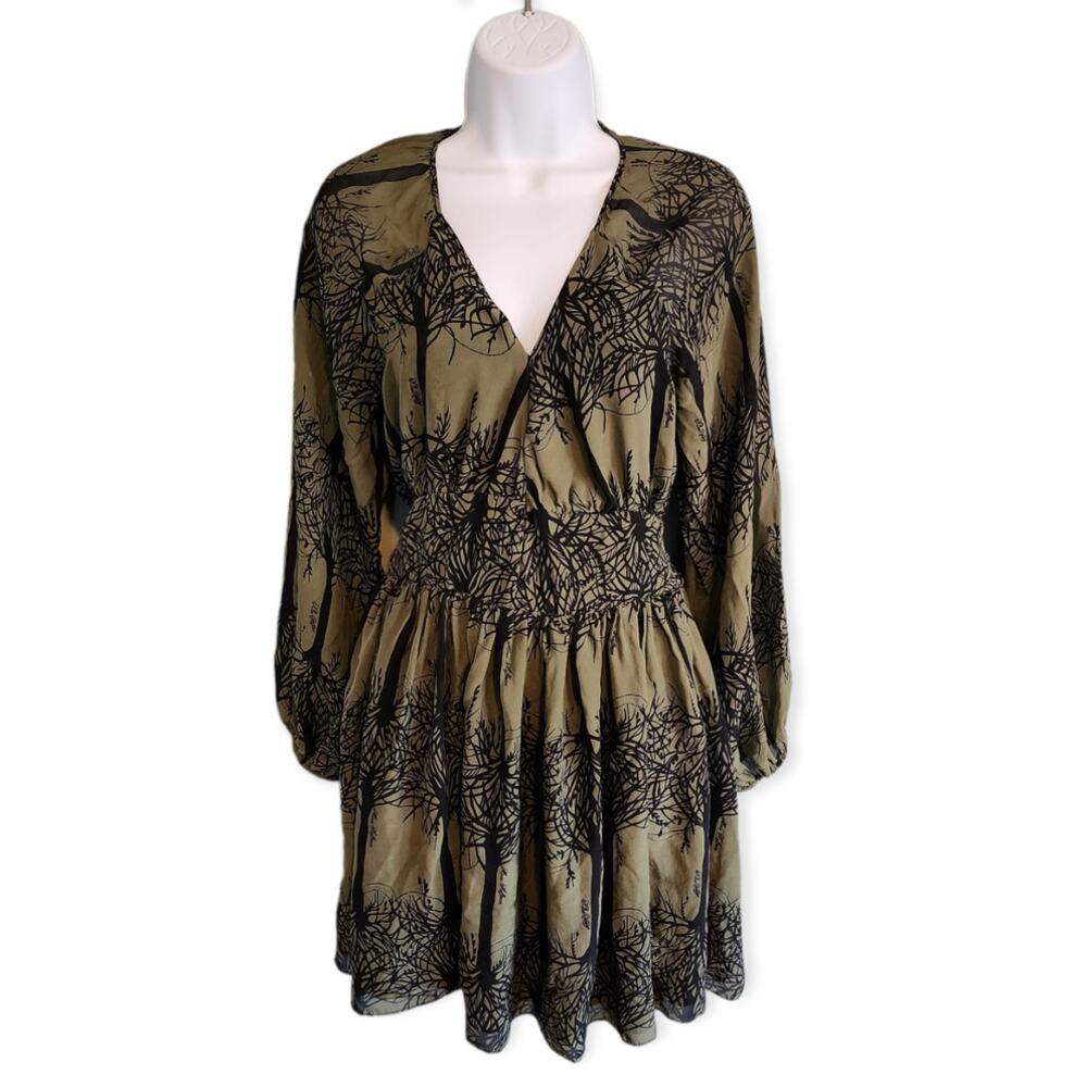 Mara Hoffman Olive Green Silk Dress with Tree Pattern Size Small